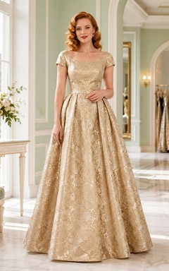 Gold Vintage 1950s Lace Short Sleeve Satin A-Line Formal Gown Dress