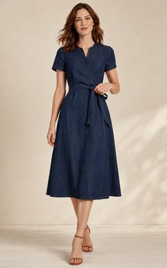 Ink Navy Casual Wrap V-Neck Short-Sleeve Denim A-Line Tea-Length Formal Dress