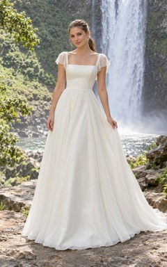 Simple Square Neck Cap Sleeve Chiffon Fitted Waist A Line Sweep Train Wedding Dress