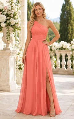 Coral One-Shoulder Pleated Chiffon A-Line Floor-length Sweep Train Formal Dress