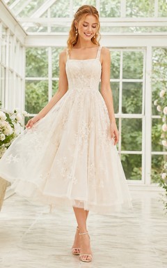 Romantic Square Neck Spaghetti Lace A-Line Tea-Length Garden Elopement Wedding Dress