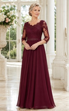 Burgundy Modest Scoop-Neck Lace Chiffon A-Line Floor-Length Mother of the Bride Gown with Three-Quarter Sleeves