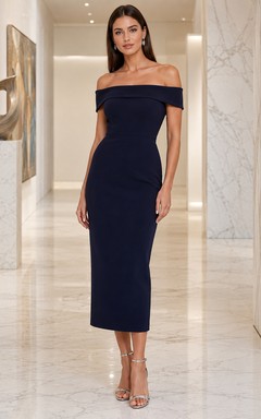 Dark Navy Upscale City Wedding Guest Cocktail Formal Dress Pencil Knee-Length Off-Shoulder Sleeveless Jersey Zipper Back