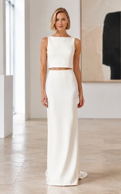 Ensemble de mariée sans manches en crêpe bateau crop top à col montant