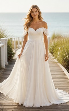Beach Chiffon Tulle Wedding Dress A-Line Off Shoulder Sweep Train Bridal Gown