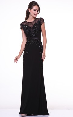 Sheath Scoop-Neck Short Sleeve Chiffon Dress With Beading And Lace