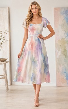 Robe midi à encolure carrée et volants, style aquarelle abstraite pastel