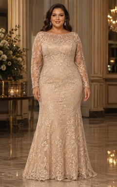 Plus Size Champagne Mermaid Lace Long Sleeve Mother Dress