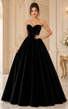 Vestido de noche formal largo hasta el suelo, estilo princesa, negro, sin tirantes, de terciopelo con escote corazón.