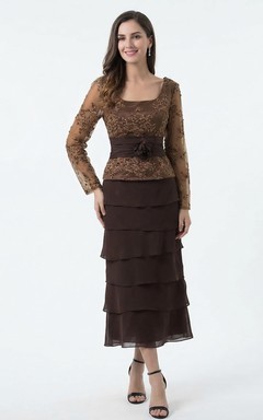 Square-Neck Tiered Gown with Lace Applique