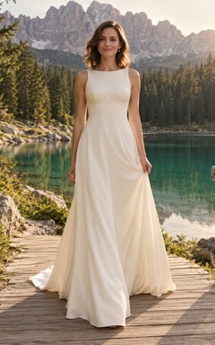 Vestido de novia sencillo de crepé de China con escote joya, sin mangas, corte en A y cola larga.