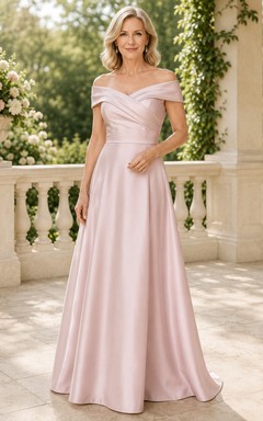 MOB-Kleid aus rosafarbenem Satin, A-Linie, kurze Ärmel, schulterfrei, bodenlang, gerafft
