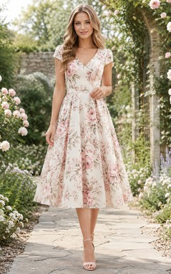 Light Floral V-Neck Cap Sleeve Garden Tea Dress