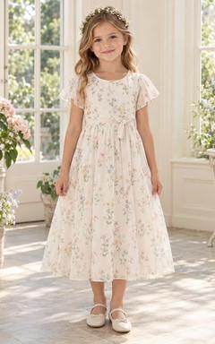 Modest Tea-length Ivory Floral Flutter Sleeve Jewel Neck Chiffon Flower Girl Dress