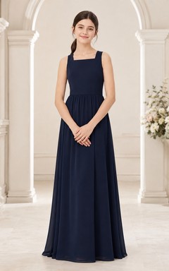 Dunkelblaues Brautjungfernkleid für junge Mädchen, A-Linie, ärmellos, gekreuzter Rücken, romantisch