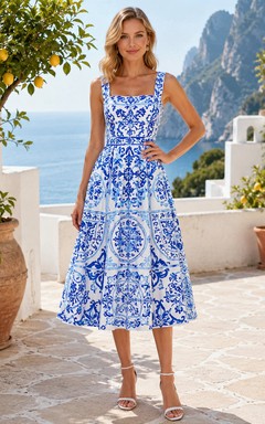 Mediterranean Tile Square Neck Printed Midi Guest Occasion Dress