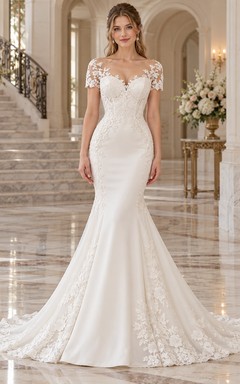 Vestido de novia de sirena de manga corta, encaje floral y satén con cola.