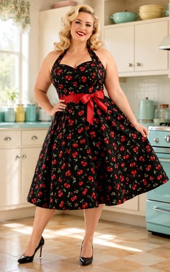 Vestido de cóctel vintage negro con estampado floral, talla grande, largo hasta la rodilla, con lazo en la cintura.