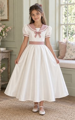 Ankle-length Vintage White A-Line Satin Puff-Sleeve Sailor-Collar Rose-Trimmed Flowergirl Dress