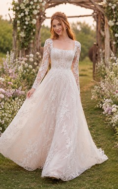 Square Neck Long Sleeve Floral Lace Garden Bridal Gown