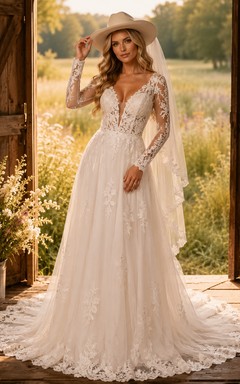 Robe de mariée champêtre en tulle et dentelle, coupe trapèze, col en V, manches longues, traîne chapelle