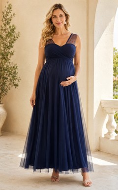 Vestido formal largo hasta el suelo de tul con escote corazón y corte imperio, color azul marino oscuro, ideal para embarazadas.