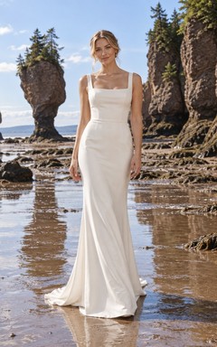 Vestido de novia de escote cuadrado con tirantes anchos, silueta sirena de crepé y cola larga.