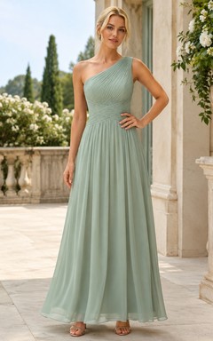 Elegante vestido de ceremonia Abito Cerimonia de gasa color verde salvia, asimétrico, sin mangas, con pliegues y corte en A.