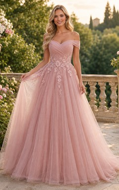 Blushing Pink Off-Shoulder Sweetheart Appliqued Tulle Romantic Ball Prom Gown