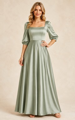Robe de soirée en satin sauge à col carré et manches bouffantes