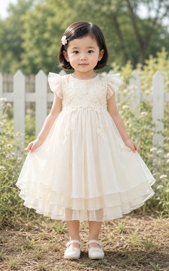 Robe de baptême bébé sans manches en tulle, coupe trapèze, corsage en dentelle à volants