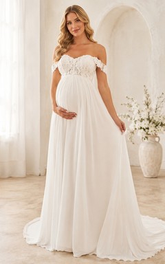 Vestido de novia de gasa con escote de hombros descubiertos y corte A para fugas de maternidad