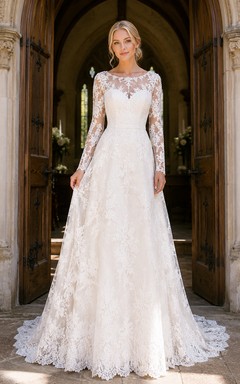 Classic Illusion Lace Long Sleeve A Line Cathedral Train Wedding Dress