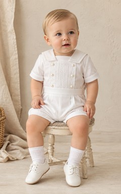 White Sailor Bib Double Button Short Sleeve Christening Romper for Baby Boy