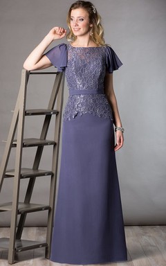 Lace Top Ruffled Short Sleeve A-Line Long Mother Of The Bride Dress With Crystal Details