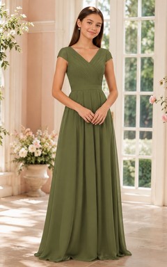 Vestido de dama de honor juvenil verde oliva, corte en A, escote en V, manga corta, elegante y formal.