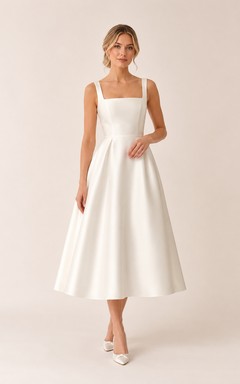 Satin-Brautkleid mit eckigem Ausschnitt und Teelänge sowie A-Linien-Rock
