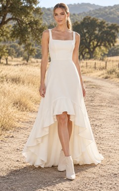 Simple Country High-low Square Neck Sleeveless A-line Bridal Wedding Dress