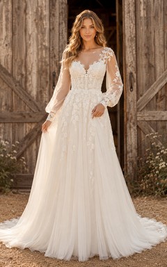 Robe de mariée champêtre en dentelle, coupe trapèze, col en V, manches longues, traîne chapelle