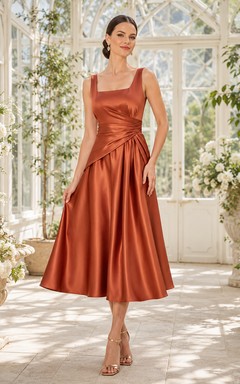 Terracotta Square Neck Draped Satin A Line Midi Guest Dress