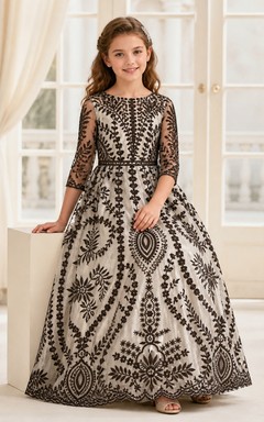 Vestido negro de encaje geométrico de corte A, largo hasta el suelo, para damas de honor junior.