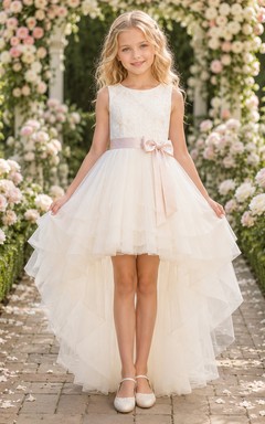 Lace High-Low Tulle Sleeveless A-Line Ruffle Bow Flower Girl Garden Wedding Dress