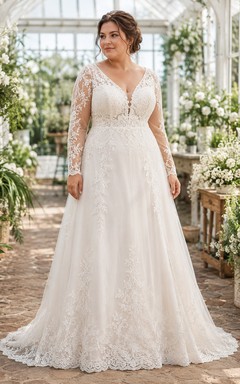 Plus Size Long Sleeve Lace A-Line Wedding Dress with Greenhouse Train