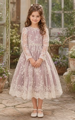 Blumenmädchenkleid, mauve, aus Spitze und Tüll, A-Linie, lange Ärmel, Rundhalsausschnitt, Teelänge