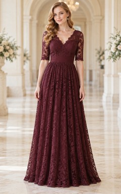 Vestido largo de dama de honor vintage color burdeos con escote en V y mangas cortas, de encaje floral.