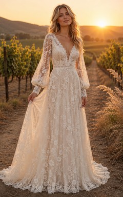 Brautkleid mit tiefem Poetenärmeln und A-Linien-Verzierung aus Weinbergsspitze