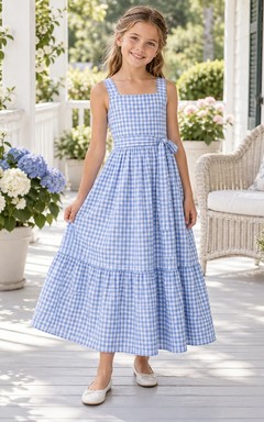 Square Neck Country Blue Sleeveless Tiered Gingham Cotton A-line Flower Girl Dress