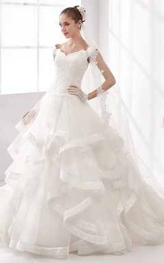Cap-Sleeve A-Line Wedding Dress With Cascading Ruffles And Lace Corset