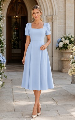 Light Blue Square Neck Puff Sleeve A Line Ceremony Midi Dress