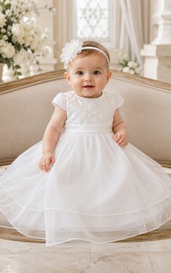 Sheer Organza Overlay Baby Christening A-Line Scoop Neck Dress Simple Adorable Romantic Tulle